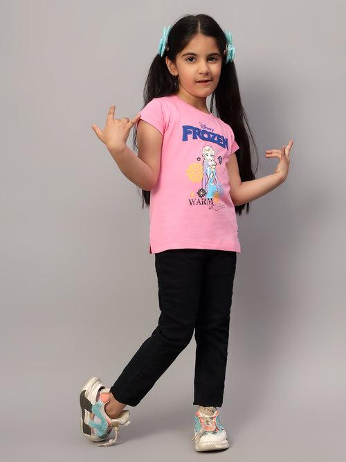 Cantabil Girl's Pink Printed Round Neck Half Sleeve T-shirt