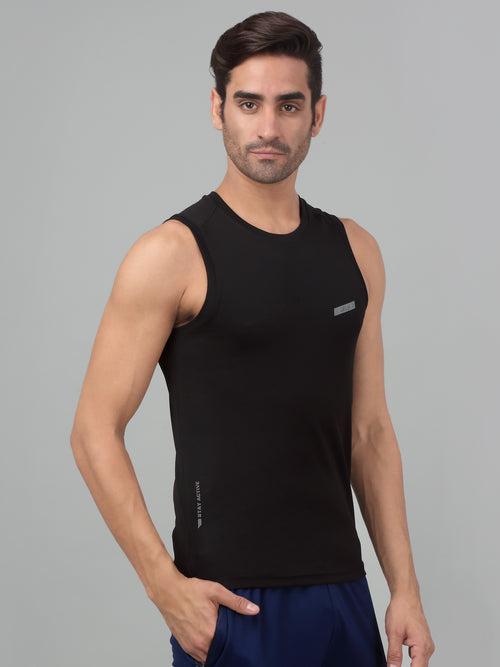 Cantabil Men's Black Solid Sleeveless Activewear T-shirt