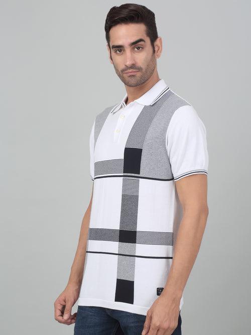 Cantabil Men's Off White Checkered Polo Neck Half Sleeve T-shirt