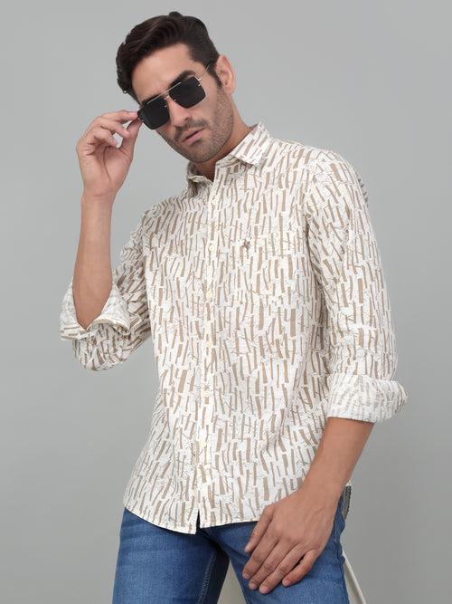 Cantabil Men's Cream Printed Full Sleeves Casual Shirt