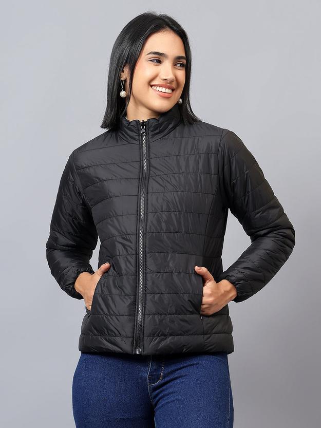 Women's Black and Blue Solid Reversible Winter Jacket