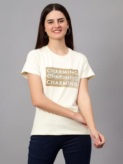 Cantabil Women's Cream Printed Round Neck T-shirt