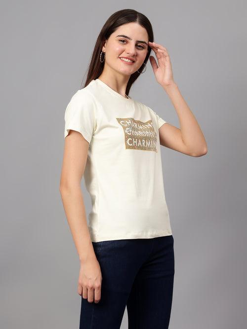 Cantabil Women's Cream Printed Round Neck T-shirt