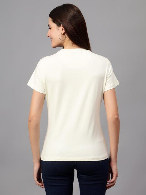 Cantabil Women's Cream Printed Round Neck T-shirt