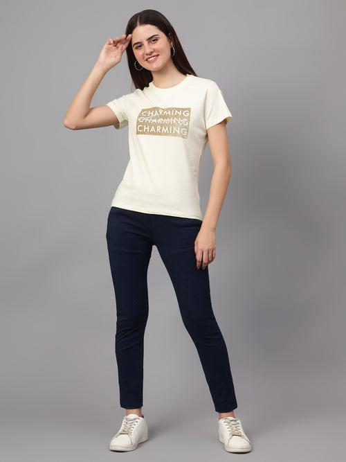 Cantabil Women's Cream Printed Round Neck T-shirt