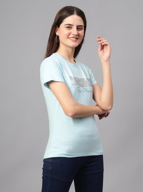 Cantabil Women's Sky Blue Printed Round Neck T-shirt