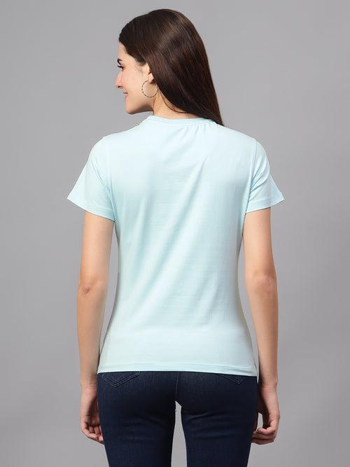 Cantabil Women's Sky Blue Printed Round Neck T-shirt