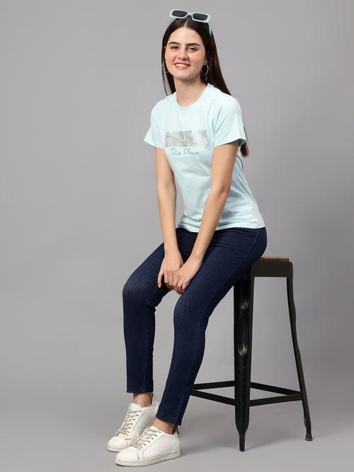 Cantabil Women's Sky Blue Printed Round Neck T-shirt