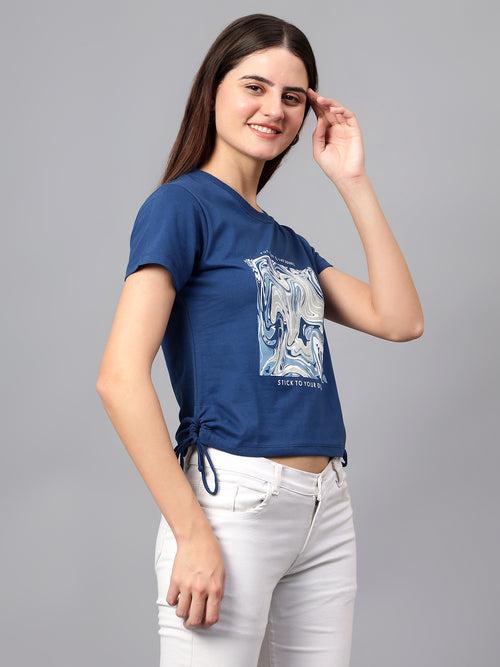 Cantabil Women's Blue Printed Round Neck T-shirt