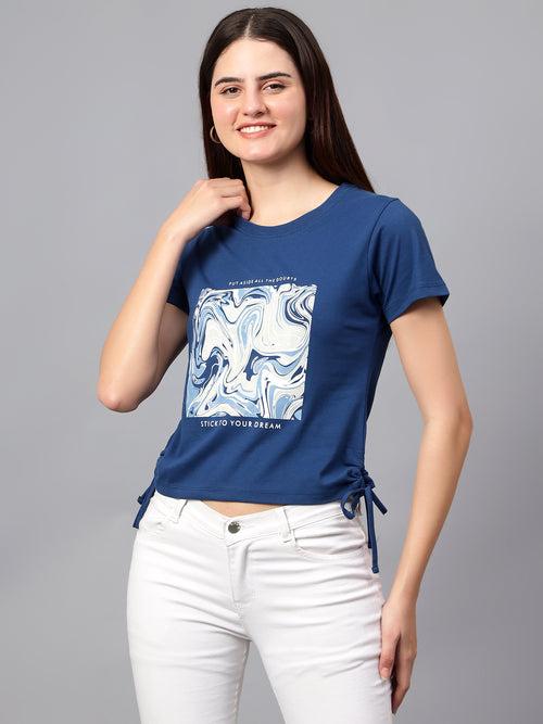 Cantabil Women's Blue Printed Round Neck T-shirt