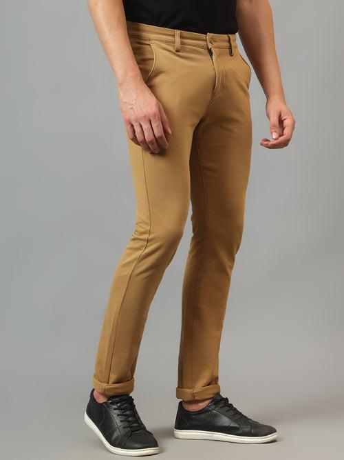 Cantabil Men's Khaki Soild Non-Pleated Stretchable Casual Trouser