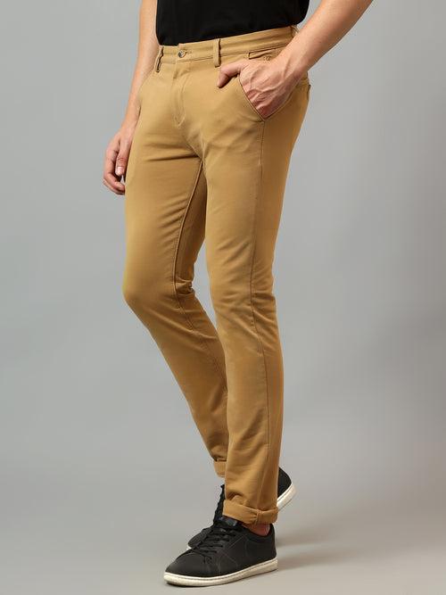 Cantabil Men's Khaki Soild Non-Pleated Stretchable Casual Trouser