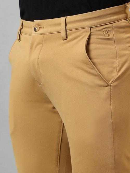 Cantabil Men's Khaki Soild Non-Pleated Stretchable Casual Trouser