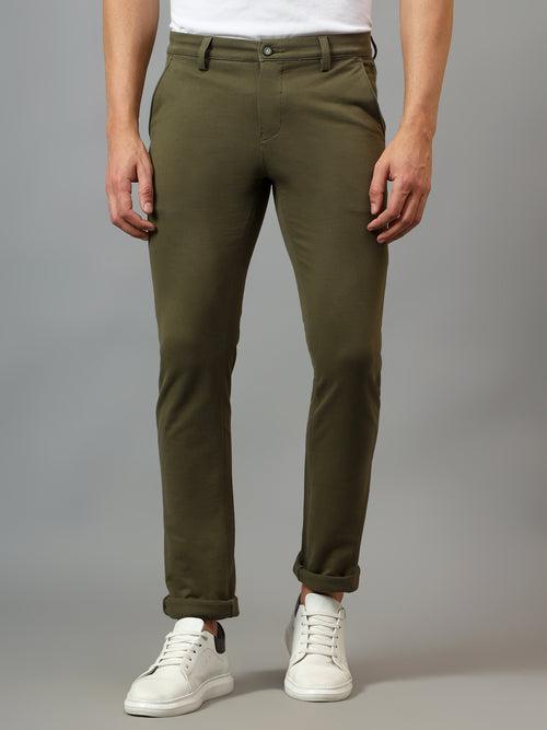 Cantabil Men's Olive Green Soild Non-Pleated Stretchable Casual Trouser