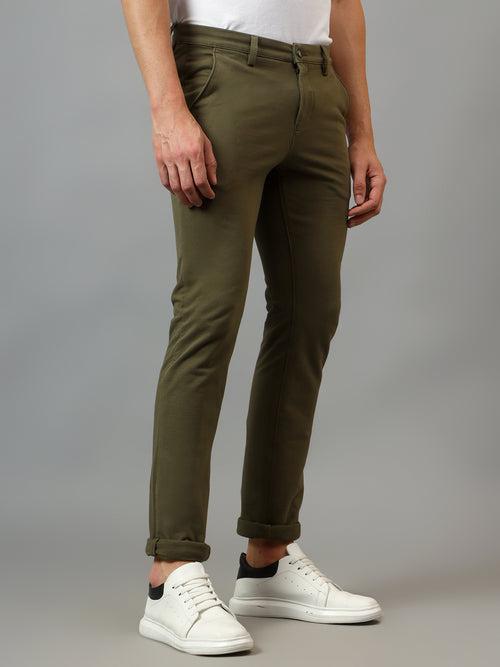 Cantabil Men's Olive Green Soild Non-Pleated Stretchable Casual Trouser