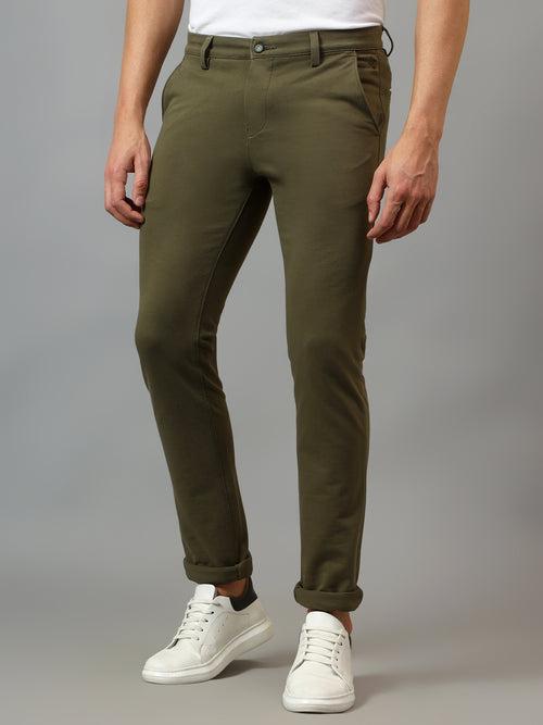 Cantabil Men's Olive Green Soild Non-Pleated Stretchable Casual Trouser