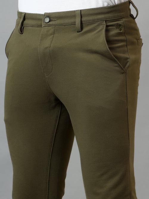 Cantabil Men's Olive Green Soild Non-Pleated Stretchable Casual Trouser