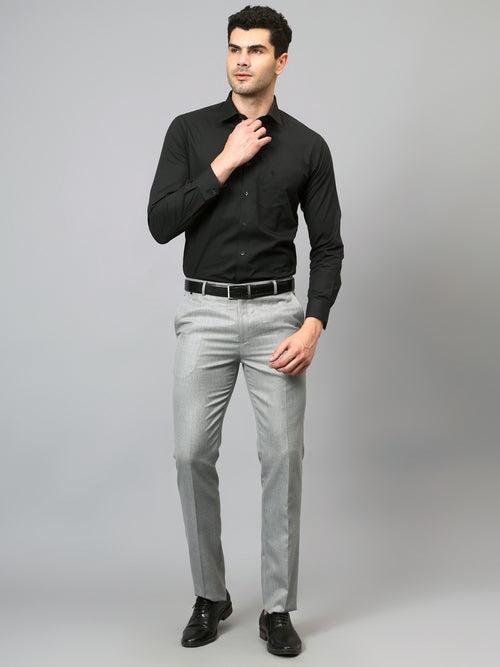 Cantabil Men's Grey Self Design Non-Pleated Formal Trouser