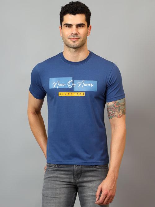 Cantabil Men's Blue Printed Round Neck Half Sleeve T-shirt