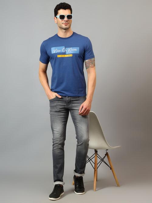 Cantabil Men's Blue Printed Round Neck Half Sleeve T-shirt