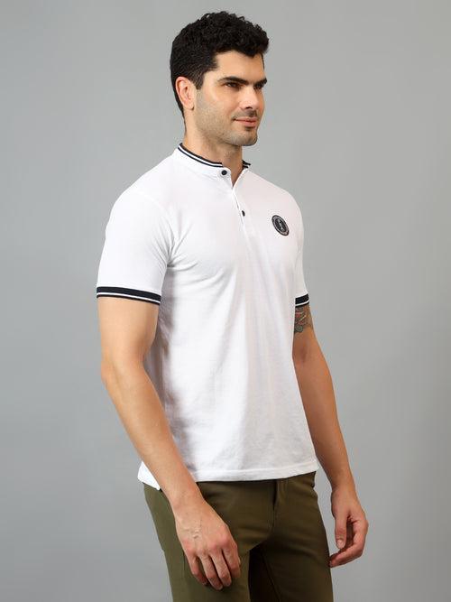 Cantabil Men's White Solid Polo Neck Half Sleeve T-shirt