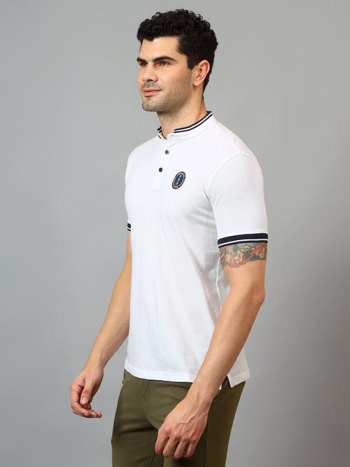 Cantabil Men's White Solid Polo Neck Half Sleeve T-shirt