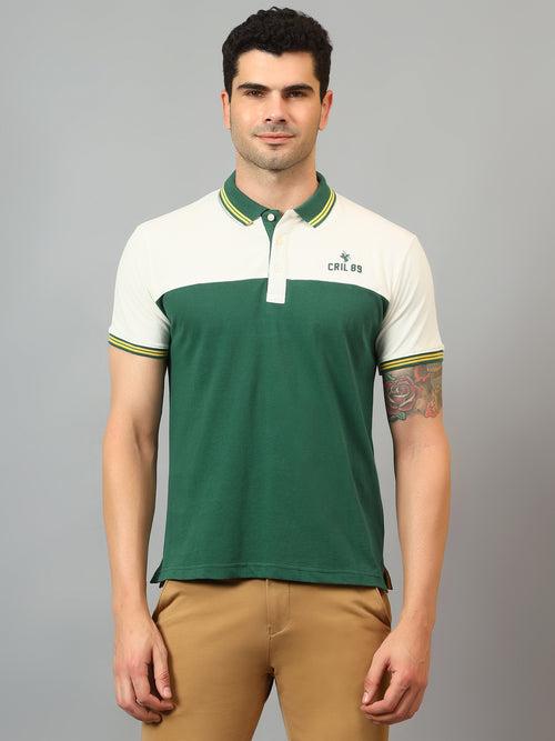 Cantabil Men's Green Color Block Polo Neck Half Sleeve T-shirt