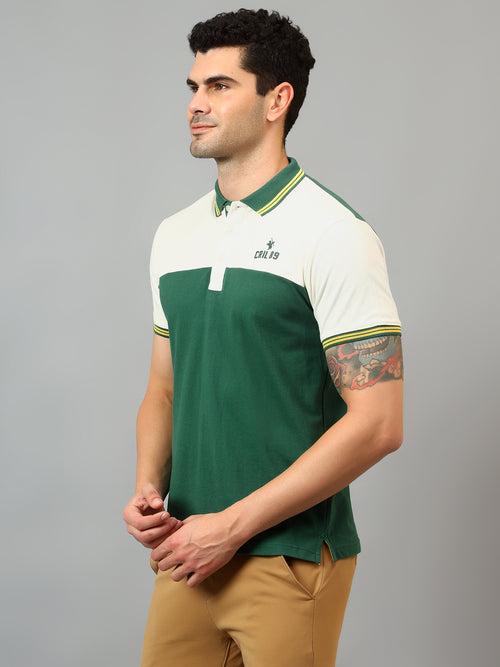 Cantabil Men's Green Color Block Polo Neck Half Sleeve T-shirt