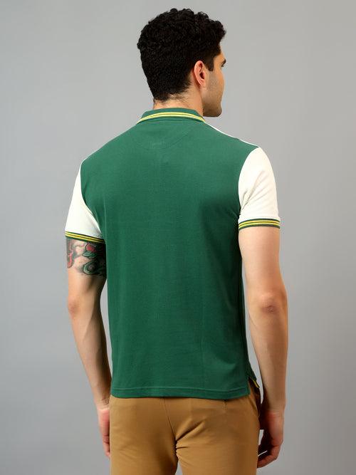 Cantabil Men's Green Color Block Polo Neck Half Sleeve T-shirt