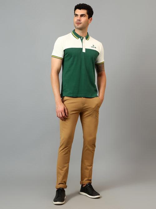 Cantabil Men's Green Color Block Polo Neck Half Sleeve T-shirt