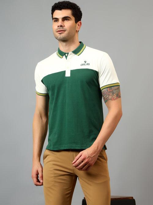 Cantabil Men's Green Color Block Polo Neck Half Sleeve T-shirt