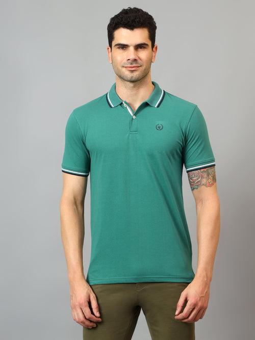 Cantabil Men's Green Solid Polo Neck Half Sleeve T-shirt