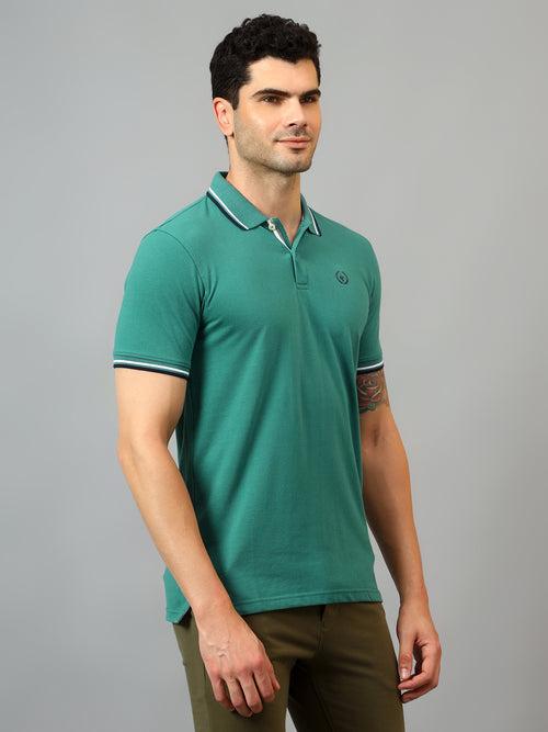 Cantabil Men's Green Solid Polo Neck Half Sleeve T-shirt