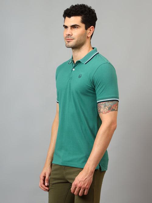 Cantabil Men's Green Solid Polo Neck Half Sleeve T-shirt