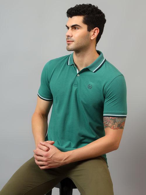 Cantabil Men's Green Solid Polo Neck Half Sleeve T-shirt