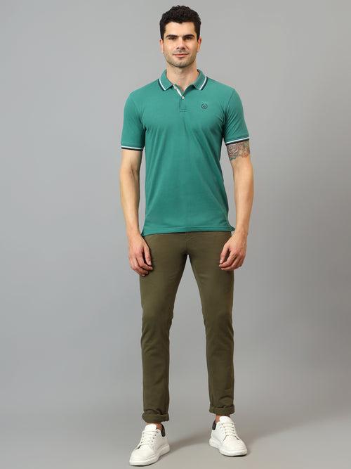 Cantabil Men's Green Solid Polo Neck Half Sleeve T-shirt