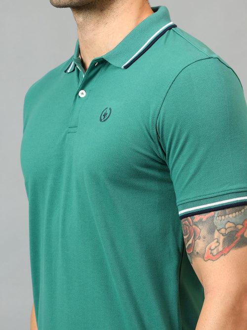 Cantabil Men's Green Solid Polo Neck Half Sleeve T-shirt