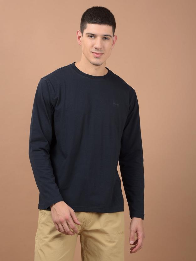 Men's Navy Self Design Full Sleeves Round Neck T-shirt For Winter