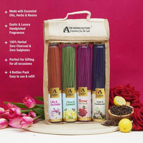 The Aroma Factory Incense Sticks (Lily Orchid, Rose Patchouli, Cedar Frankincense & Clove Lemon Agarbatti) 4 bottles, Jute Gift Pack