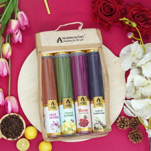 The Aroma Factory Incense Sticks (Lily Orchid, Rose Patchouli, Cedar Frankincense & Clove Lemon Agarbatti) 4 bottles, Jute Gift Pack