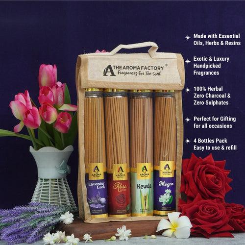 The Aroma Factory  Incense Sticks (Rose, Lavender, Mogra & Kewda Agarbatti) 4 bottles, Fragrance Jute Gift Pack