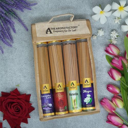 The Aroma Factory  Incense Sticks (Rose, Lavender, Mogra & Kewda Agarbatti) 4 bottles, Fragrance Jute Gift Pack