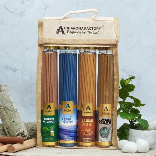 The Aroma Factory Incense Sticks (White Sage,Fresh Active,Patchouli & Sandalwood Chandan Agarbatti) 4 bottles, Fragrance Jute Gift Pack