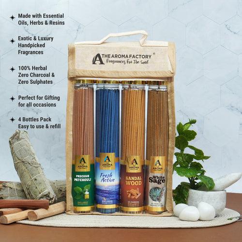 The Aroma Factory Incense Sticks (White Sage,Fresh Active,Patchouli & Sandalwood Chandan Agarbatti) 4 bottles, Fragrance Jute Gift Pack