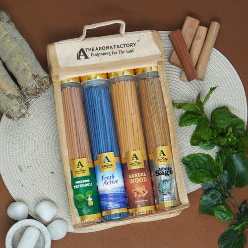 The Aroma Factory Incense Sticks (White Sage,Fresh Active,Patchouli & Sandalwood Chandan Agarbatti) 4 bottles, Fragrance Jute Gift Pack