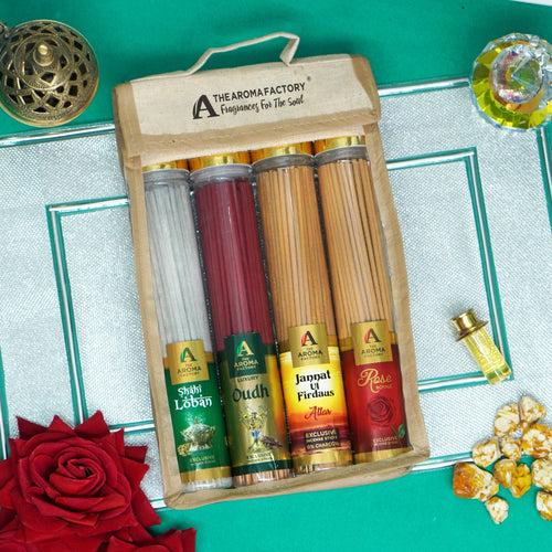 The Aroma Factory Incense Sticks (Oudh, Loban, Attar Jannat ul Firdaus & Rose Agarbatti) 4 bottles, Fragrance Jute Gift Pack