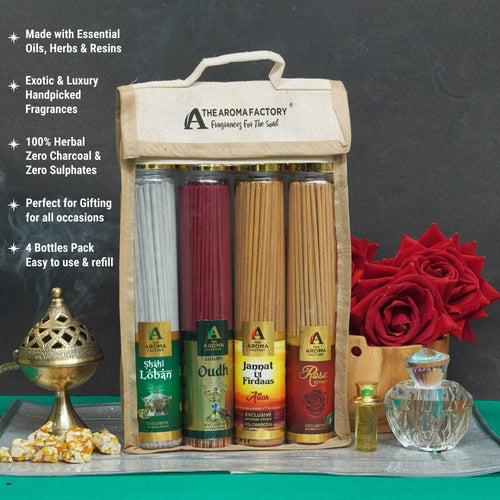 The Aroma Factory Incense Sticks (Oudh, Loban, Attar Jannat ul Firdaus & Rose Agarbatti) 4 bottles, Fragrance Jute Gift Pack