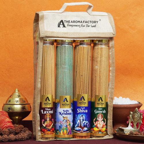 The Aroma Factory Incense Sticks (Laxmi, Ganesh, Krishna, Shiva Gods Hindu Agarbatti) 4 bottles, Fragrance Jute Gift Pack