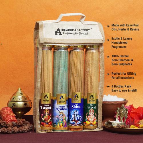 The Aroma Factory Incense Sticks (Laxmi, Ganesh, Krishna, Shiva Gods Hindu Agarbatti) 4 bottles, Fragrance Jute Gift Pack