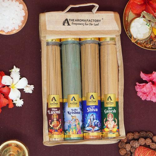 The Aroma Factory Incense Sticks (Laxmi, Ganesh, Krishna, Shiva Gods Hindu Agarbatti) 4 bottles, Fragrance Jute Gift Pack